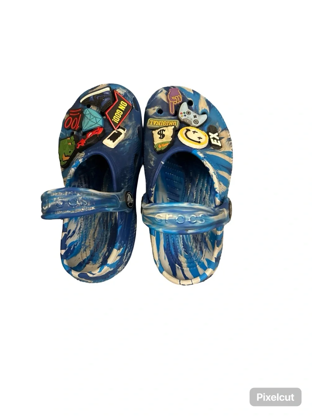 CROCS Kids Blue & White Swirl Clogs with 12 Fun Jibbitz Charms Size 2